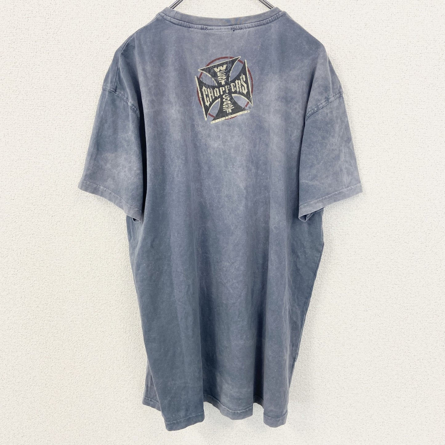 着 used　CHOPPERS　半袖ビッグプリントTシャツ　バイク　色褪せダメージデザイン　クルーネック　青　レトロ　Lサイズ