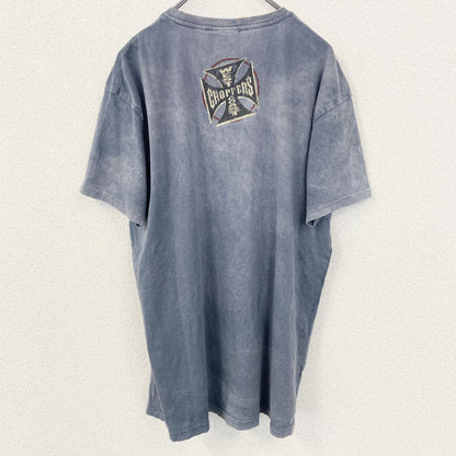 着 used　CHOPPERS　半袖ビッグプリントTシャツ　バイク　色褪せダメージデザイン　クルーネック　青　レトロ　Lサイズ