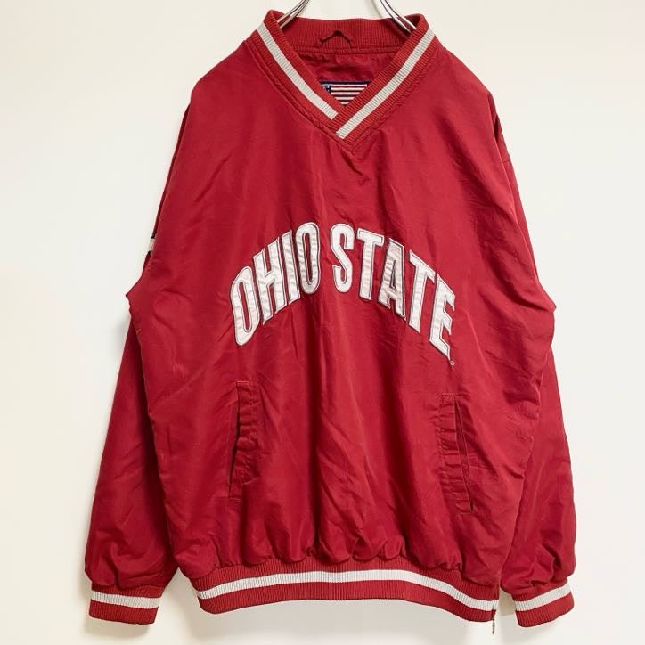 古着 used　JOE COLLEGE SPORTS　長袖Vネックカレッジナイロンプルオーバー　オハイオ州立大学　赤　Mサイズ