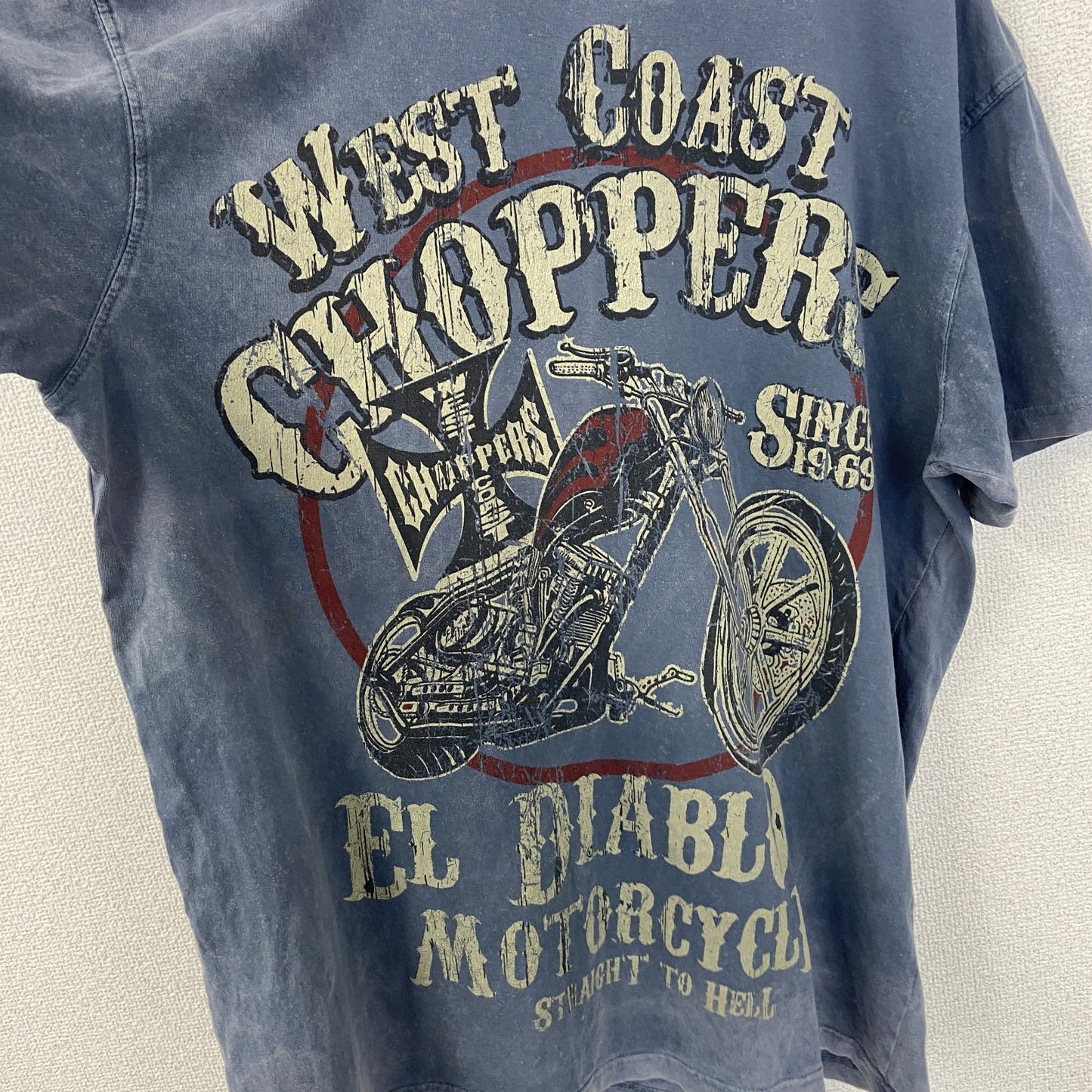 着 used　CHOPPERS　半袖ビッグプリントTシャツ　バイク　色褪せダメージデザイン　クルーネック　青　レトロ　Lサイズ