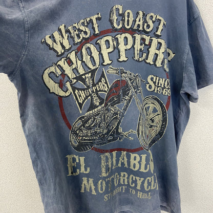 着 used　CHOPPERS　半袖ビッグプリントTシャツ　バイク　色褪せダメージデザイン　クルーネック　青　レトロ　Lサイズ