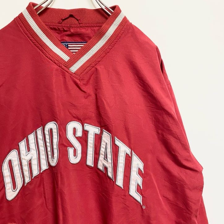 古着 used　JOE COLLEGE SPORTS　長袖Vネックカレッジナイロンプルオーバー　オハイオ州立大学　赤　Mサイズ