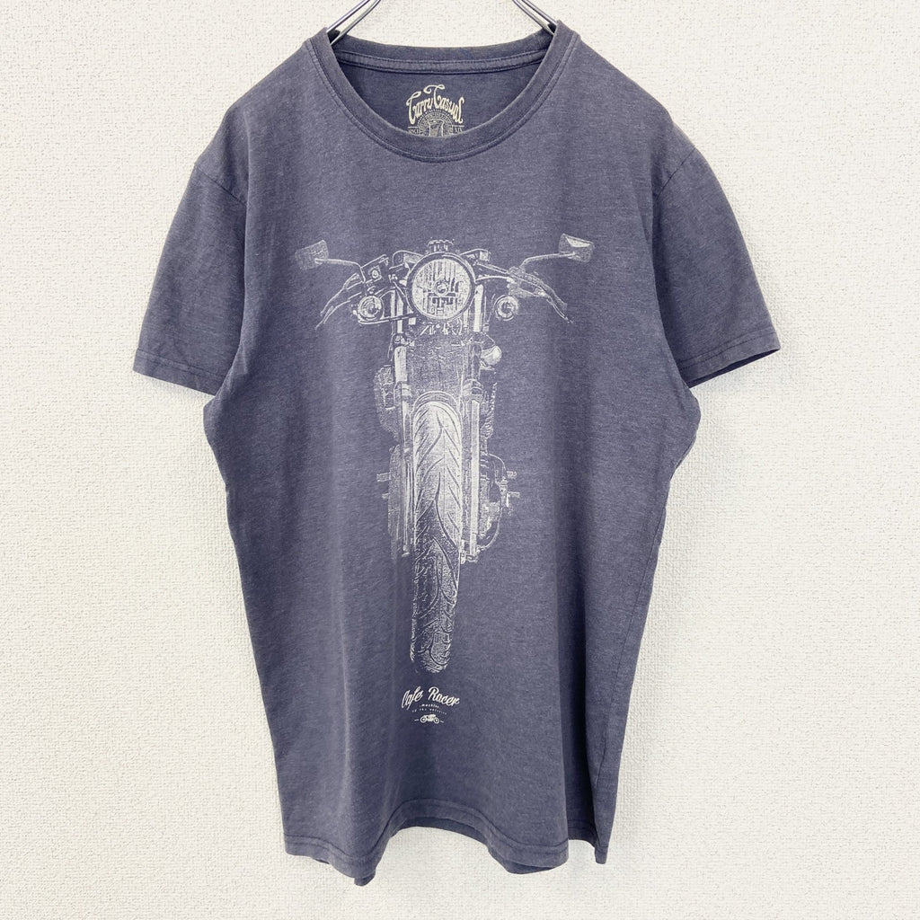 古着 used　Carry Casual　キャリー カジュアル　半袖デザインプリントTシャツ　バイク　クルーネック　青　Mサイズ