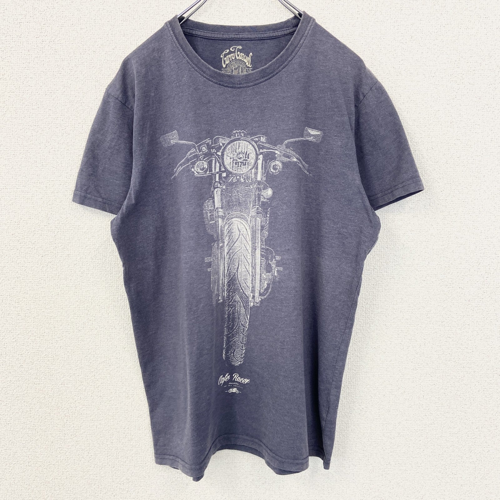 古着 used　Carry Casual　キャリー カジュアル　半袖デザインプリントTシャツ　バイク　クルーネック　青　Mサイズ