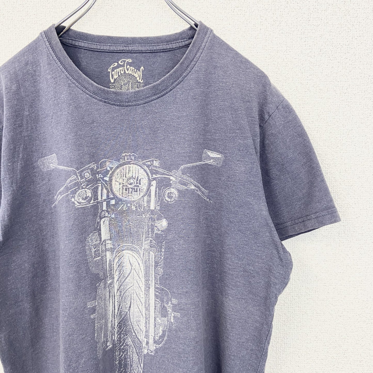 古着 used　Carry Casual　キャリー カジュアル　半袖デザインプリントTシャツ　バイク　クルーネック　青　Mサイズ