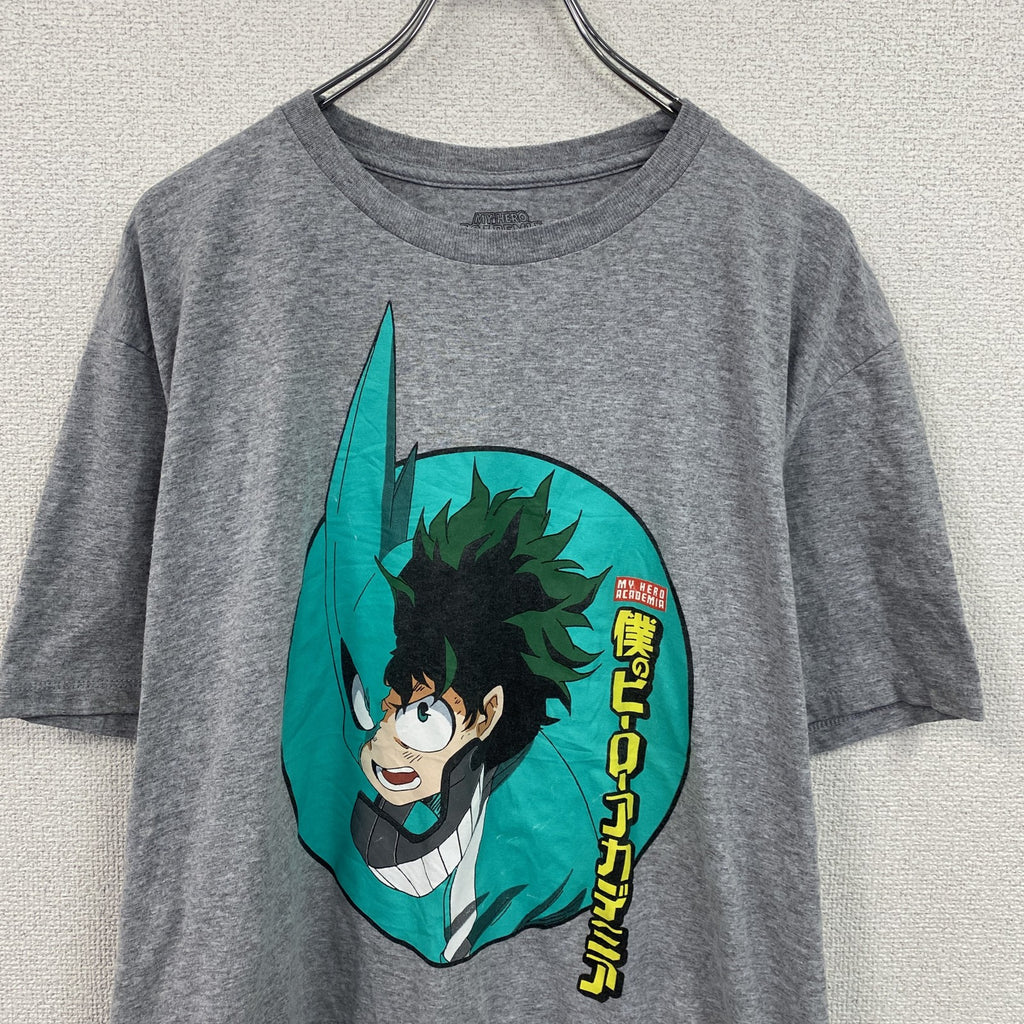 僕のヒーローアカデミア　緑谷出久　半袖アニメプリントTシャツ　キャラクターデザイン　グレー　XLサイズ