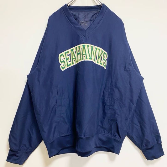 古着 used　長袖Vネックナイロンプルオーバー　ロゴワッペン刺繍　SEAHAWKS　フットボール　ネイビー　秋冬服　Lサイズ