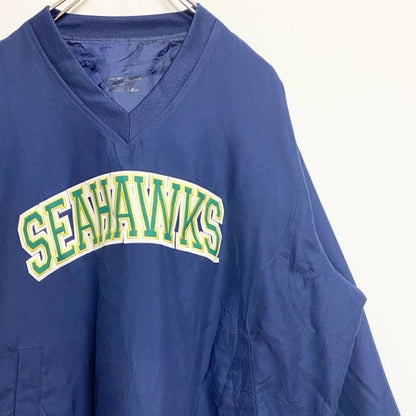 古着 used　長袖Vネックナイロンプルオーバー　ロゴワッペン刺繍　SEAHAWKS　フットボール　ネイビー　秋冬服　Lサイズ