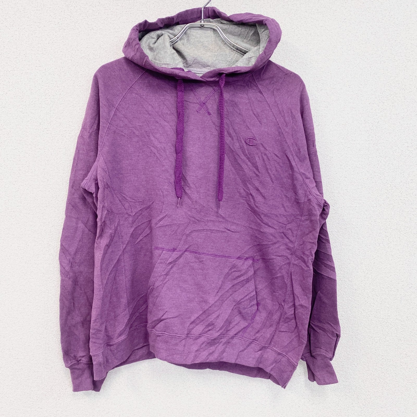 Champion　チャンピオン　スウェットパーカー/フーディー　ラグランスリーブ　前V　刺繍ロゴ　現行　紫　パープル　XLサイズ