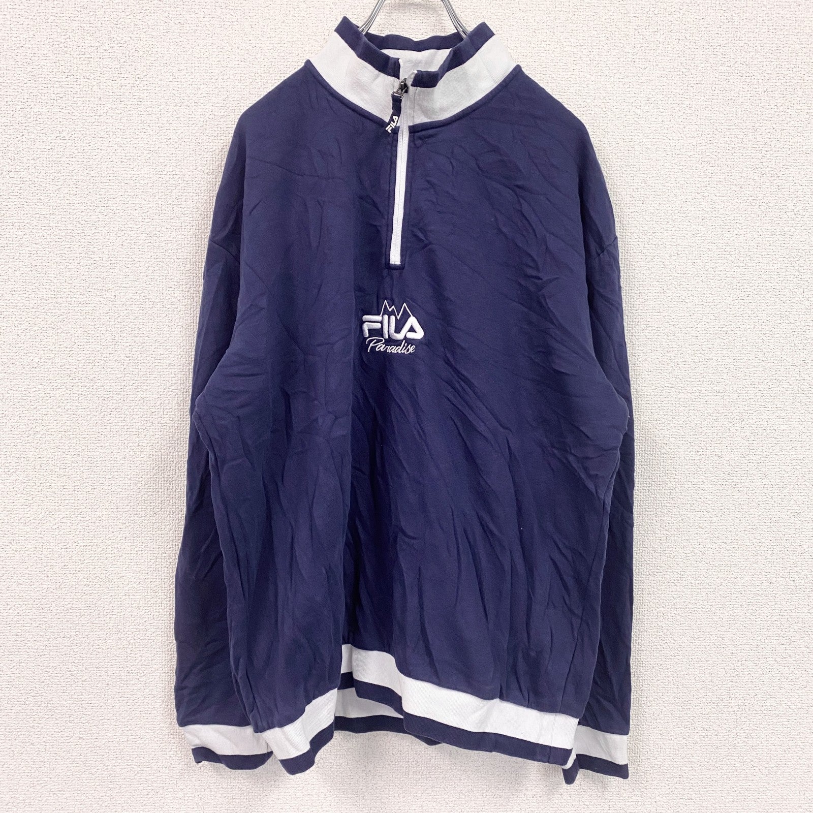 FILA　フィラ　ハーフジップスウェット/トレーナー　刺繍ロゴ　ワンポイント　リブライン　紺　ネイビー　Mサイズ