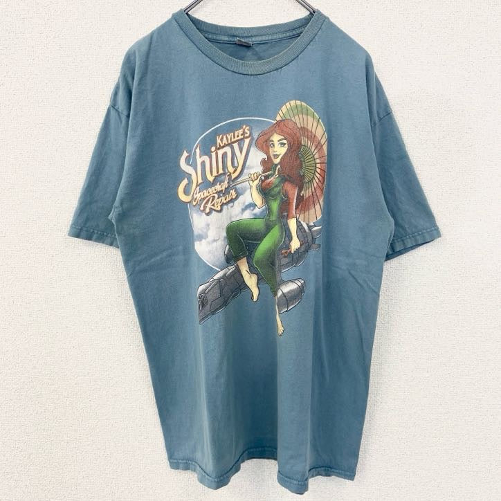 古着 used　メキシコ製　TEE FURY　半袖イラストプリントTシャツ　Spacecraft Repair　水色　Lサイズ