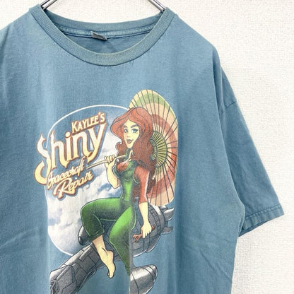 古着 used　メキシコ製　TEE FURY　半袖イラストプリントTシャツ　Spacecraft Repair　水色　Lサイズ