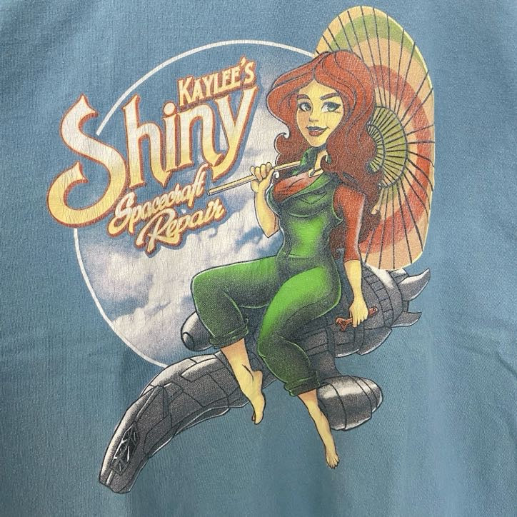 古着 used　メキシコ製　TEE FURY　半袖イラストプリントTシャツ　Spacecraft Repair　水色　Lサイズ