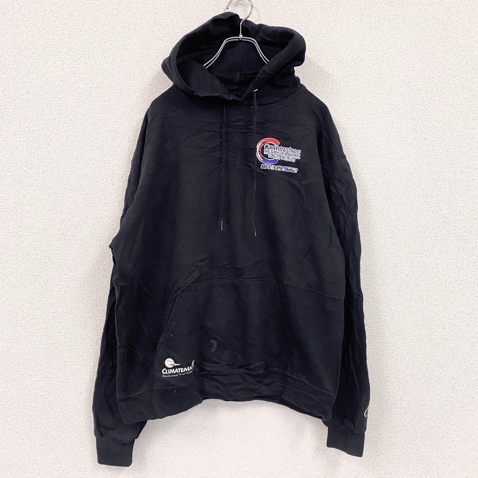Champion　チャンピオン　スウェットパーカー/フーディー　両面プリント　企業　デカロゴ　現行　黒　ブラック　Lサイズ