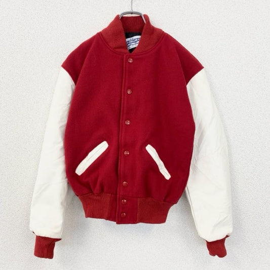 古着 used BUSH KELLER CO　長袖スタジャン　ブルゾン　アウター　レトロデザイン　無地　赤　白　Sサイズ