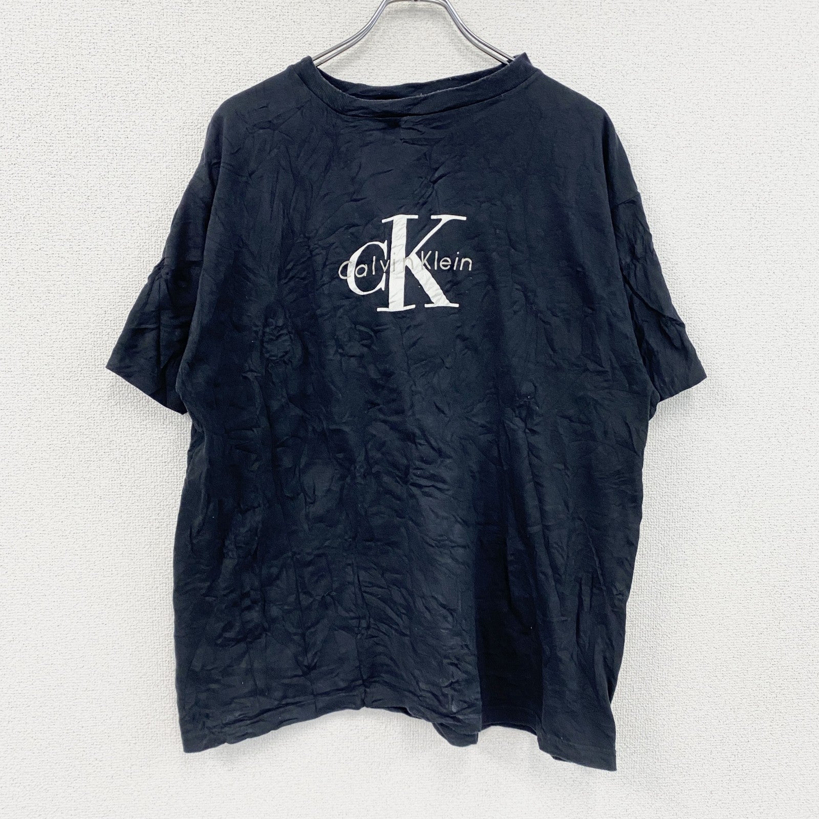 90s　Calvin Klein　カルバンクライン　半袖プリントTシャツ　シングルステッチ　デカロゴ　黒　ブラック　XLサイズ