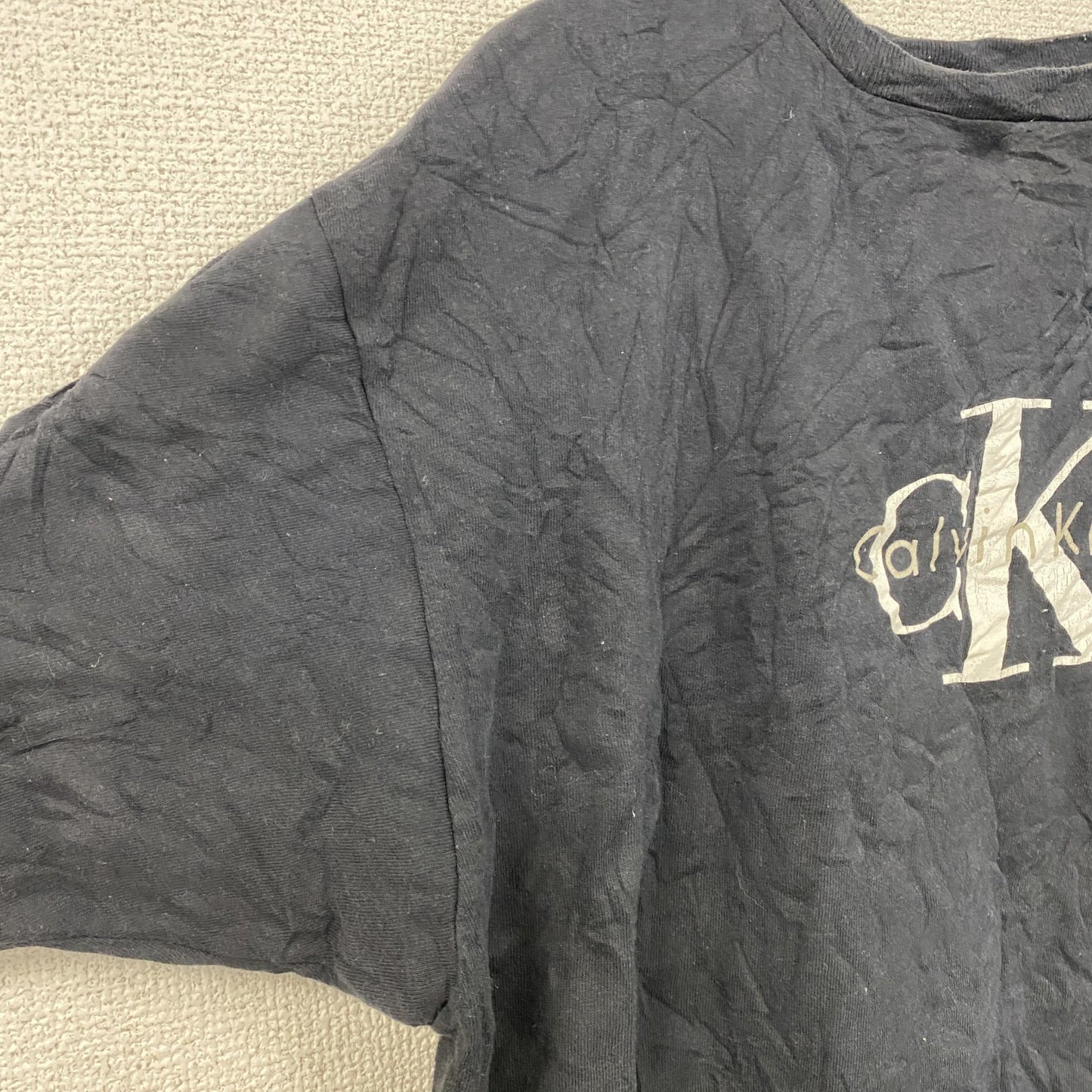 90s　Calvin Klein　カルバンクライン　半袖プリントTシャツ　シングルステッチ　デカロゴ　黒　ブラック　XLサイズ