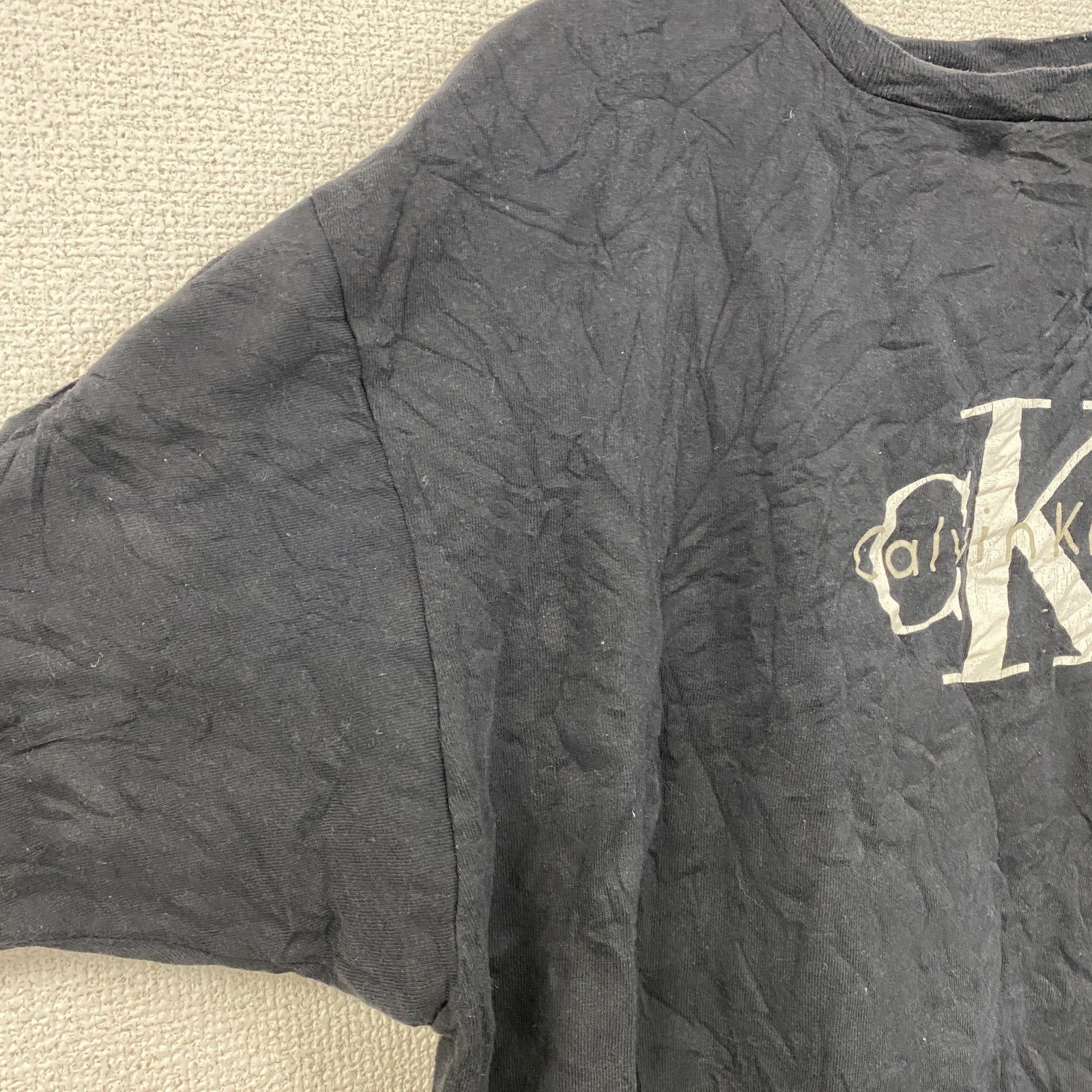90s　Calvin Klein　カルバンクライン　半袖プリントTシャツ　シングルステッチ　デカロゴ　黒　ブラック　XLサイズ