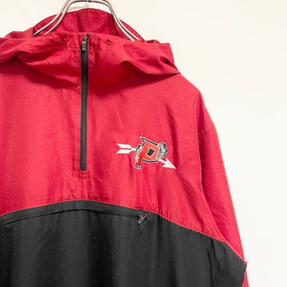 古着 used　Pennant　長袖ハーフジップナイロンジャケット　ワンポイント刺　バイカラー　赤　黒　秋冬服　Mサイズ