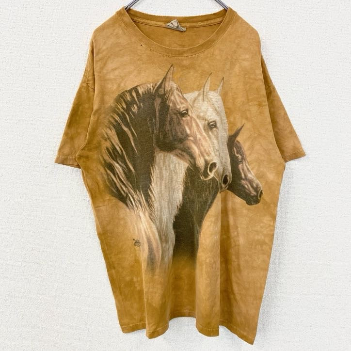 古着 used　THE MOUNTAIN　半袖アニマルビッグプリントTシャツ　馬　horse　動物　黄色　ヴィンテージ　Lサイズ