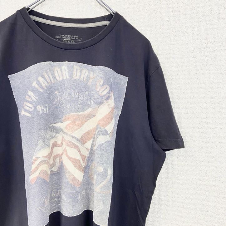 古着 used　TOM TAILOR　トムテイラー　半袖デザインプリントTシャツ　クルーネック　黒　ブラック　XLサイズ