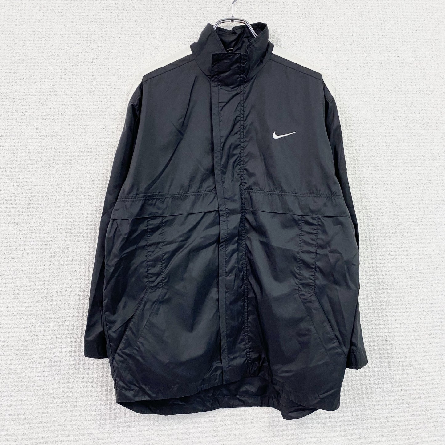 ～00s　NIKE　ナイキ　フルジップナイロンジャケット　スウッシュ　比翼仕立て　ヴィンテージ　黒　ブラック　XLサイズ