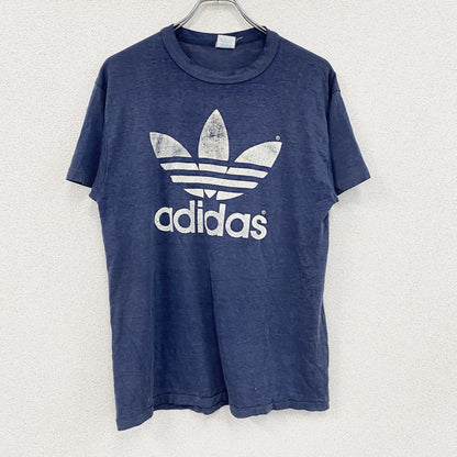 ～80s　adidas　アディダス　半袖プリントTシャツ　トレフォイルロゴ　デカロゴ　両面プリント　紺　ネイビー