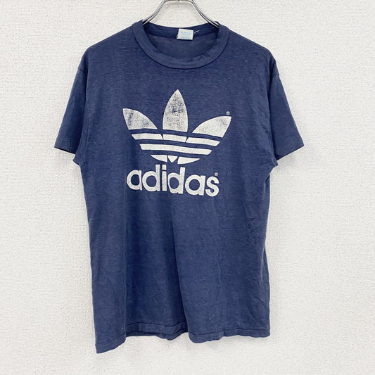 ～80s　adidas　アディダス　半袖プリントTシャツ　トレフォイルロゴ　デカロゴ　両面プリント　紺　ネイビー
