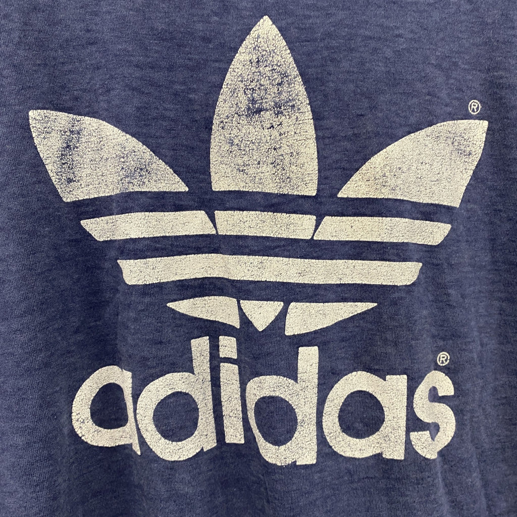 ～80s　adidas　アディダス　半袖プリントTシャツ　トレフォイルロゴ　デカロゴ　両面プリント　紺　ネイビー
