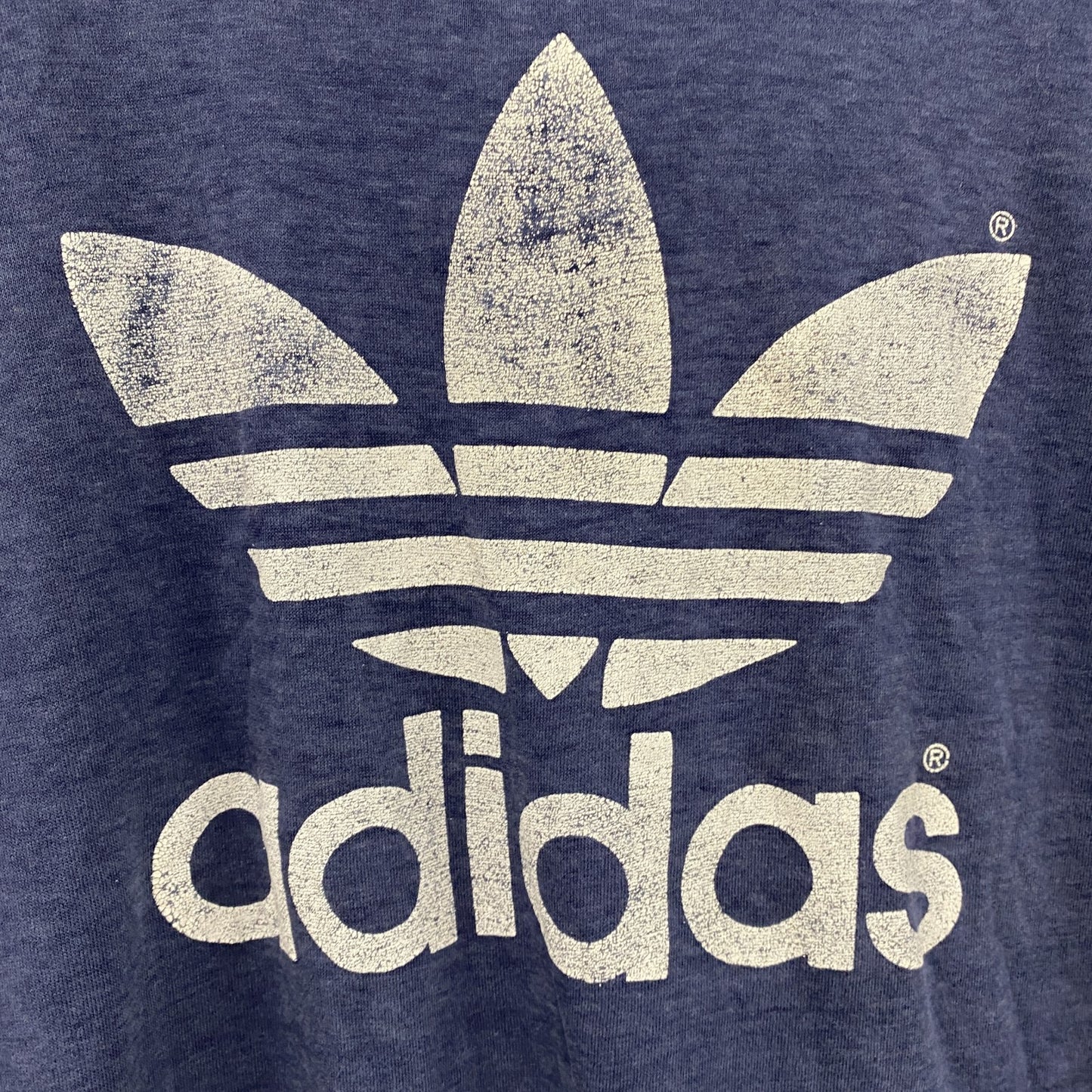 ～80s　adidas　アディダス　半袖プリントTシャツ　トレフォイルロゴ　デカロゴ　両面プリント　紺　ネイビー
