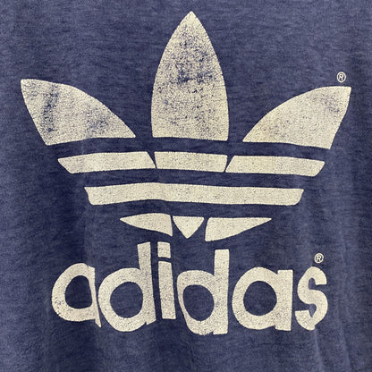 ～80s　adidas　アディダス　半袖プリントTシャツ　トレフォイルロゴ　デカロゴ　両面プリント　紺　ネイビー