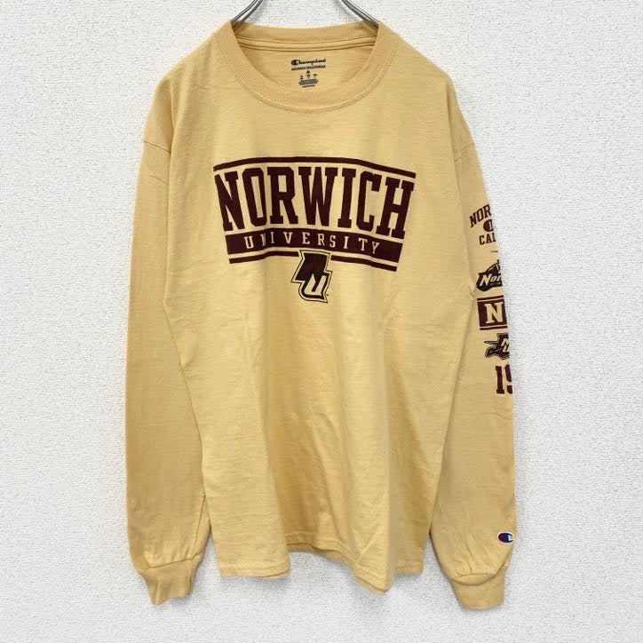古着 used　champion チャンピオン　長袖カレッジプリントTシャツ　ロンT　黄　NORWICH　クルーネック　Mサイズ