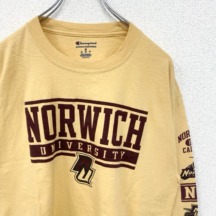 古着 used　champion チャンピオン　長袖カレッジプリントTシャツ　ロンT　黄　NORWICH　クルーネック　Mサイズ