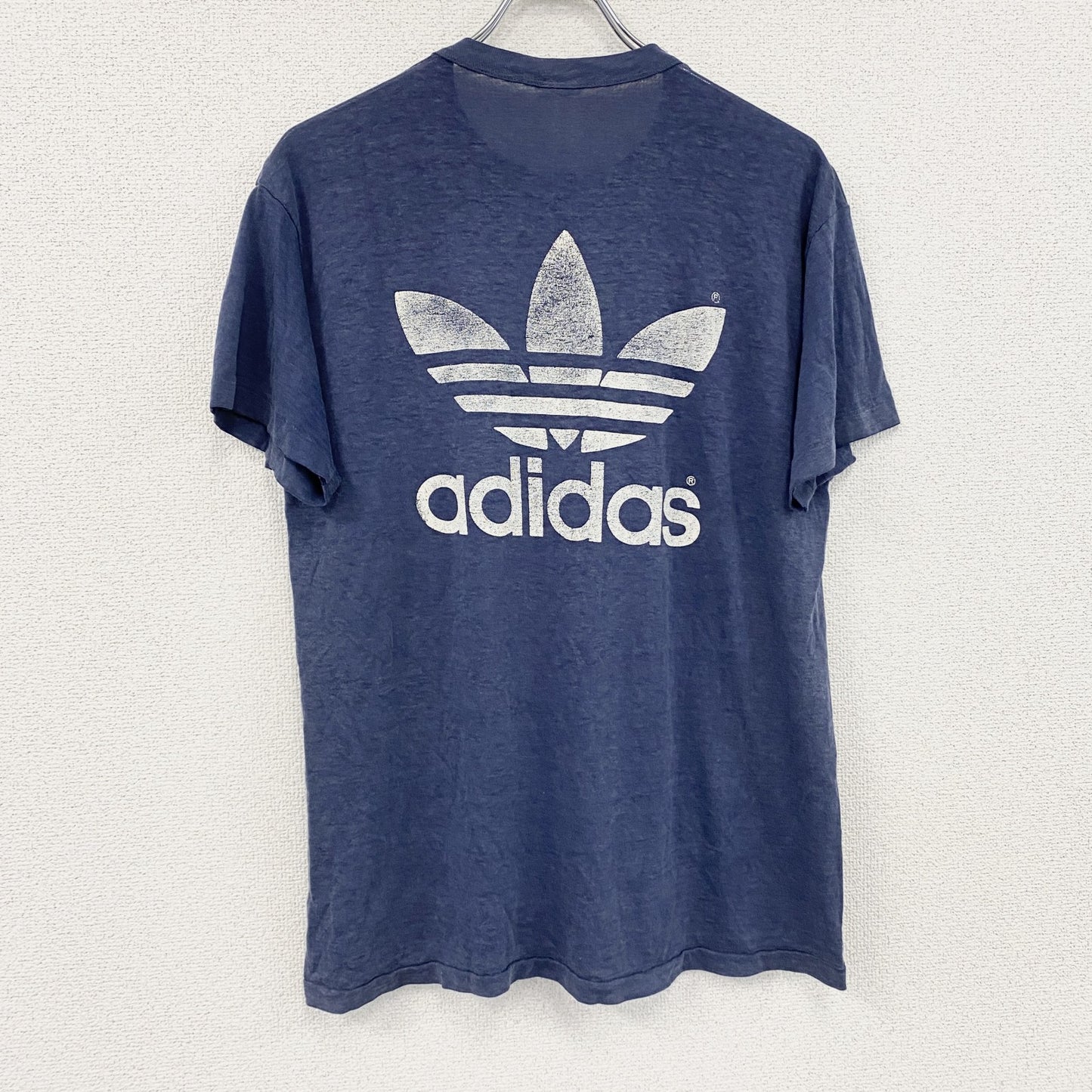 ～80s　adidas　アディダス　半袖プリントTシャツ　トレフォイルロゴ　デカロゴ　両面プリント　紺　ネイビー