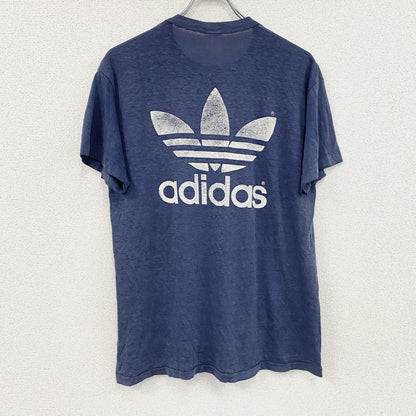 ～80s　adidas　アディダス　半袖プリントTシャツ　トレフォイルロゴ　デカロゴ　両面プリント　紺　ネイビー