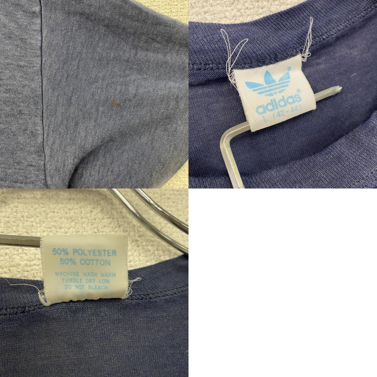～80s　adidas　アディダス　半袖プリントTシャツ　トレフォイルロゴ　デカロゴ　両面プリント　紺　ネイビー