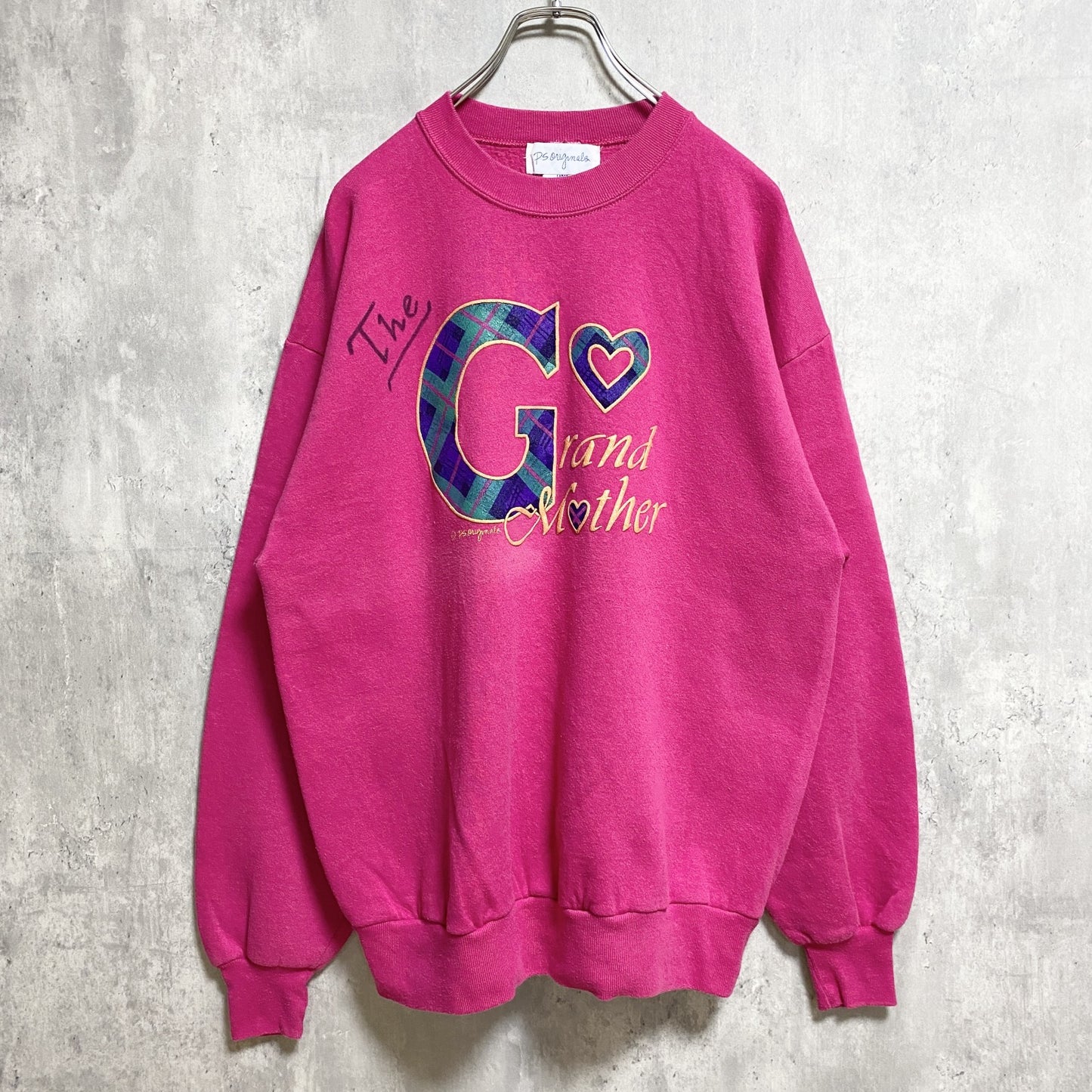 古着 used　長袖デザインプリント刺繍スウェット　クルーネックトレーナー　ピンク　個性的　レトロ　秋冬服　Lサイズ