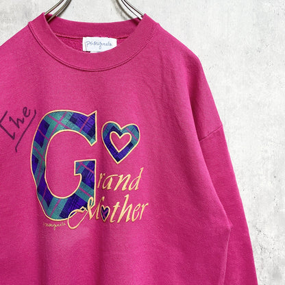 古着 used　長袖デザインプリント刺繍スウェット　クルーネックトレーナー　ピンク　個性的　レトロ　秋冬服　Lサイズ