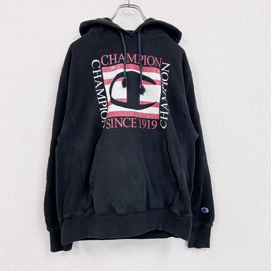 Champion　チャンピオン　リバースウィーブ　スウェットパーカー/フーディー　ヘビーウエイト　デカロゴ　ボーダー　黒　ブラック