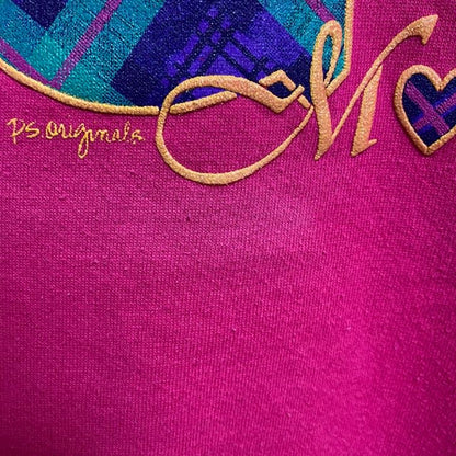 古着 used　長袖デザインプリント刺繍スウェット　クルーネックトレーナー　ピンク　個性的　レトロ　秋冬服　Lサイズ