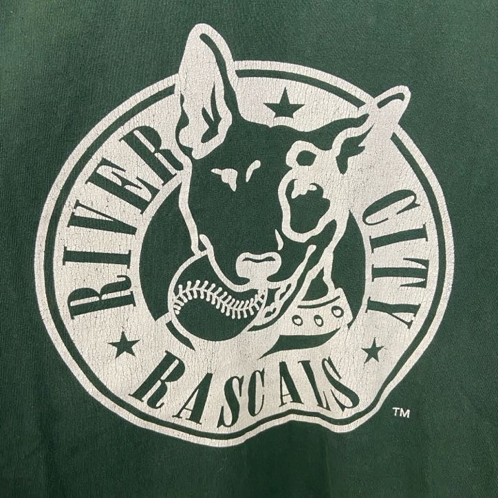 古着 used　GILDAN　ギルダン　半袖アニマルプリントTシャツ　リバーシティラスカルズ　野球　緑　グリーン　Mサイズ