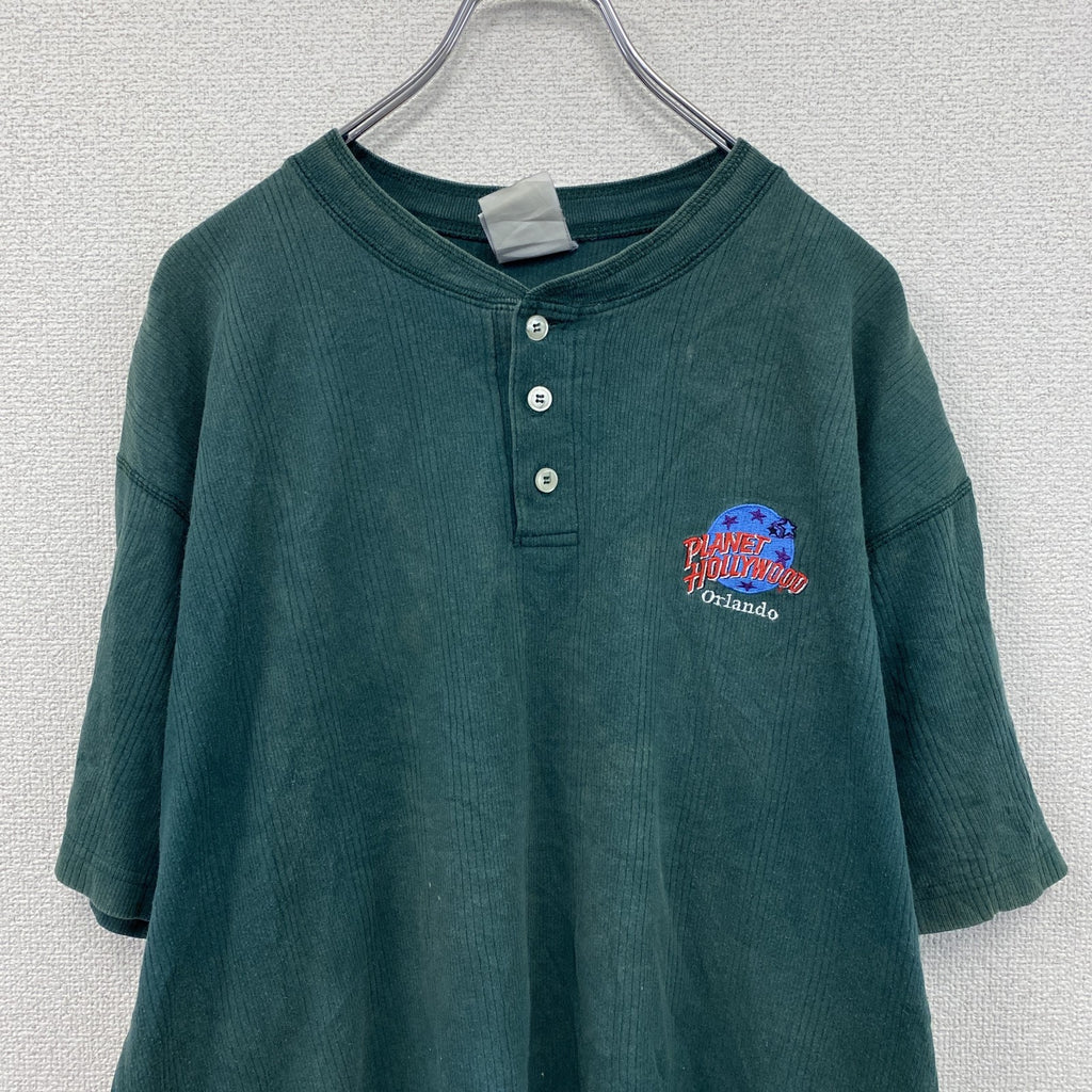 90s～　PLANET HOLLYWOOD　半袖プリントTシャツ　ヴィンテージ　ヘンリーネック　緑　グリーン　