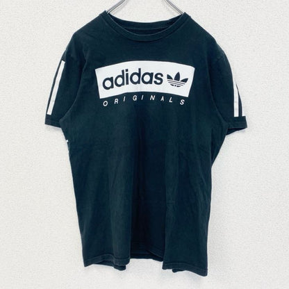 古着 used　adidas アディダス　半袖プリントTシャツ　クルーネック　黒　ビッグロゴ　カタカナ　スリーストリプス　Sサイズ