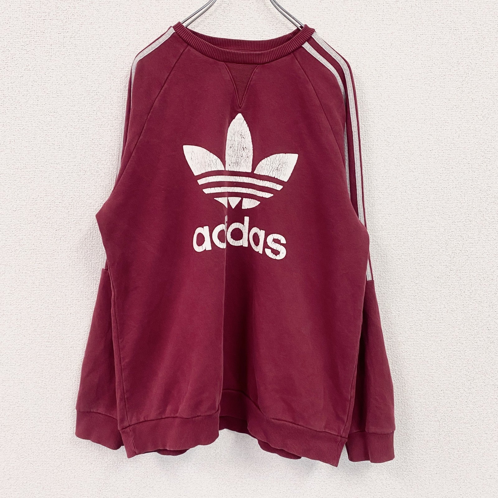 adidas　アディダス　スウェット/トレーナー　前V　デカロゴ　エンジ　バーガンディ　Lサイズ