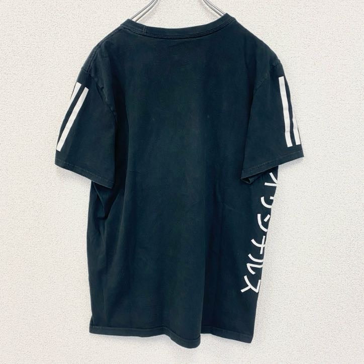 古着 used　adidas アディダス　半袖プリントTシャツ　クルーネック　黒　ビッグロゴ　カタカナ　スリーストリプス　Sサイズ