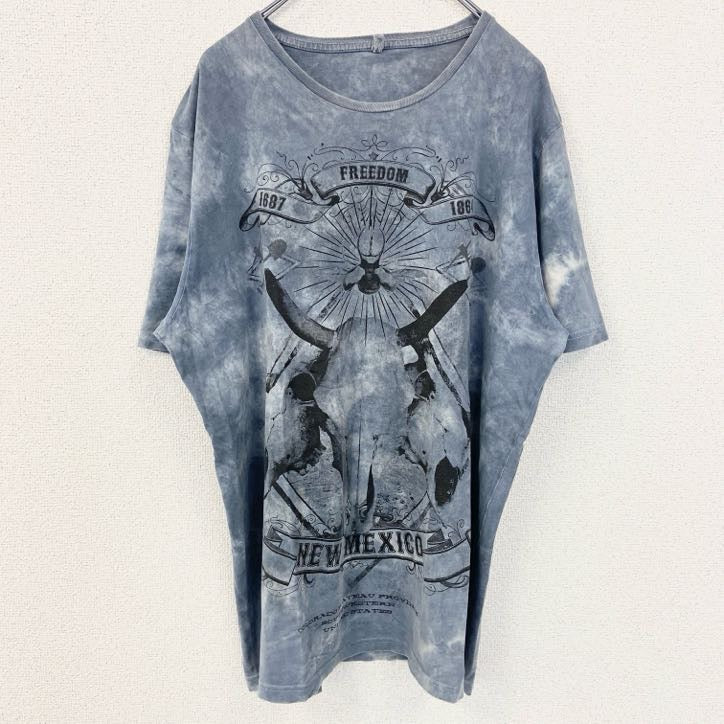 古着 used　半袖ビッグプリントタイダイTシャツ　ダメージ加工　クルーネック　メキシコ　ネイビー　白　春夏服
