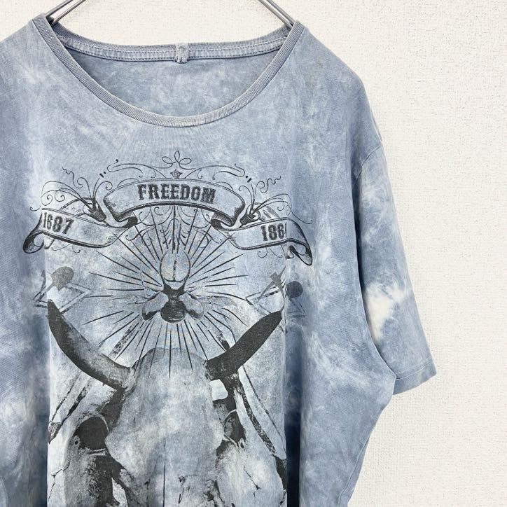 古着 used　半袖ビッグプリントタイダイTシャツ　ダメージ加工　クルーネック　メキシコ　ネイビー　白　春夏服