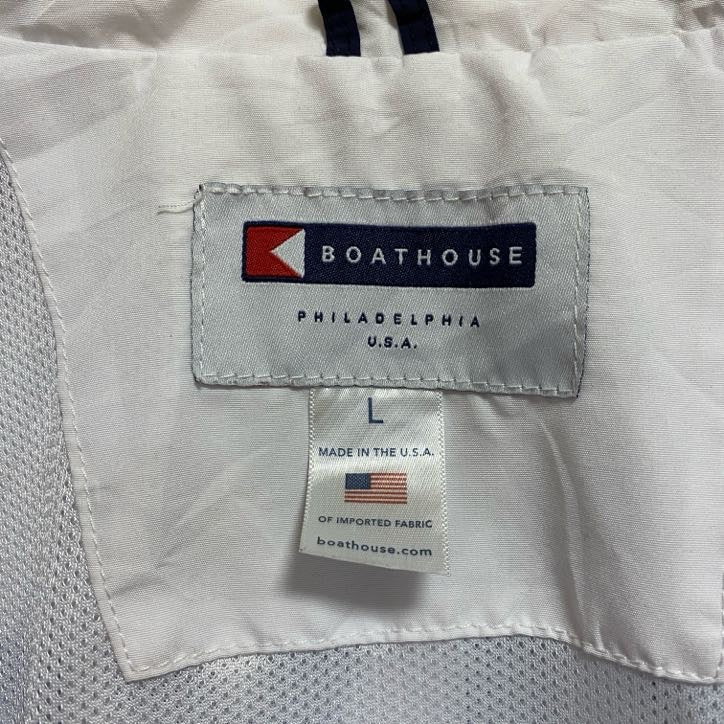 古着 used　USA製　BOATHOUSE　長袖ハーフジップナイロンジャケット　ポイント刺繍　ラクロス　白　ネイビー　Ｌサイズ