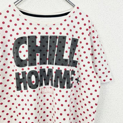 古着 used　半袖ロゴプリントクルーネックTシャツ　ドット柄　水玉模様　CHILL HOMME　白　赤　レトロデザイン