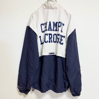 古着 used　USA製　BOATHOUSE　長袖ハーフジップナイロンジャケット　ポイント刺繍　ラクロス　白　ネイビー　Ｌサイズ